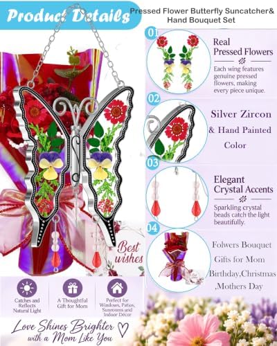KY&BOSAM Gift for Mom Butterfly Suncatcher with Rose Flower Bouquet Set,Red - Image 2