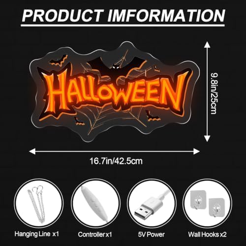 Happy Halloween Neon Sign, Bat Spider Web Halloween LED Light, 16.7"x9.8" - Image 2