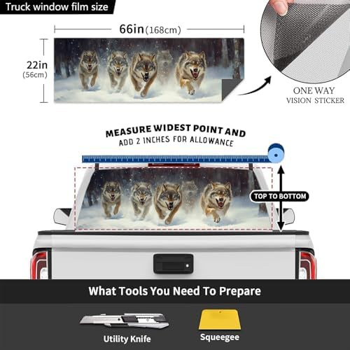 Watercolor Running Wolf Rear Window Decals for Trucks, Nature Animal Forest Snow Rustic Window Decal Back Window Tint Graphic Perforated Vinyl Pickup Truck Stickers 66 x 22 inch