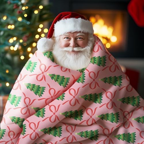 Pink Christmas Tree Bow Flannel Throw Blanket, Xmas Coquette Ribbon - Image 6