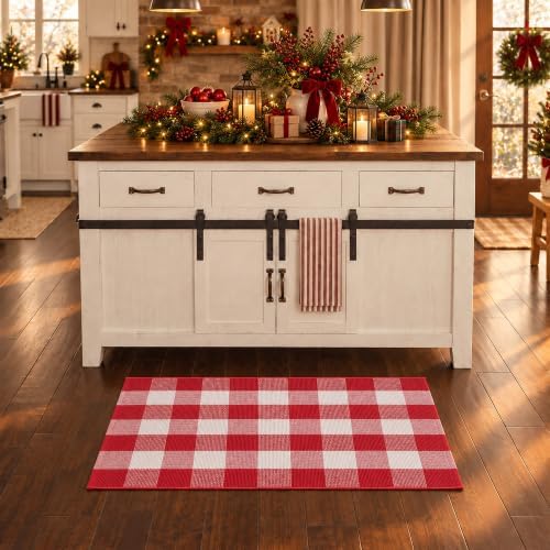 Christmas Red and White Plaid Door Mat, 28 x 43 Inches Cotton Hand-Woven Layered Entry Mat for Front Porch, Entryway, Outdoor Holiday Decor, Washable Buffalo Check Doormat for Home, Patio, Kitchen - Image 4
