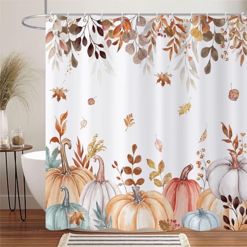 Fall Pumpkin Shower Curtain, Colorful Watercolor Autumn Pumpkins Maple Falling Leaves Thanksgiving Day Harvest Bathroom Curtain Waterproof Fabric Machine Washable with Hooks, 65" Wx72 L - Image 2