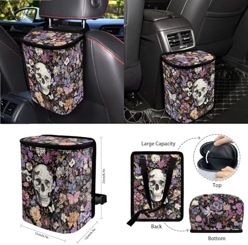 Skull Boho Floral Car Seat Cover Sets Steering Wheel Cover Seat Belt Cover Trash Bin Air Vent Storage Box Front Rear View Mirror Cup Holder Keychain 15Pcs Car Accessories