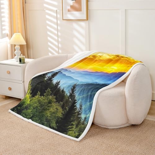 Nature Landscape Sherpa Blanket Mountain Jungle Sunrise Throw Blanket Bedroom Living Room Soft Cozy Jungle Trees Farmhouse Blankets Decor for Bed Couch Sofa Green Blue Gold Flannel Blankets 90"x90" - Image 5