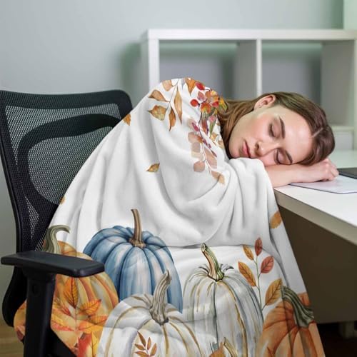DecorLovee Orange Blue Thanksgiving Fall Blanket 50"x80", Reversible Pumpkins Throw Blanket for Couch/Bed, Autumn Botanical Lightweight Soft Throw Blankets for Adult, Warm Fuzzy Blankets for Winter - Image 7