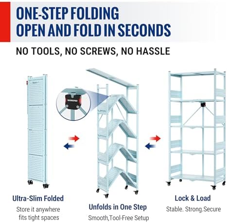 WORKPRO 5-Tier Folding Shelf, No-Assembly Metal Storage Rack with Wheels, 750 lbs Capacity (with Leveling Feet), Collapsible Shelving Unit for Kitchen, Pantry, Closet & Craft Shows - Blue - Image 5