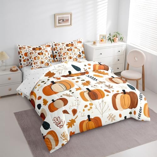 Erosebridal 7 Piece Fall Bed in A Bag for Kids,Cartoon Pumpkin King Bedding Set with Sheet Set Autumn Botanical Maple Leaves Comforter Set Thanksgiving Day Harvest Bed Set Room Decor - Image 3