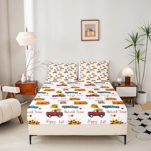 Happy Fall Bedding Set For Kids King Plaid Pumpkin Truck Bed Sheets Thanksgiving Harvest Season Sheet Set Autumn Sunflower Harvest Time Fitted Sheet Red Blue Orange Flat Sheet + 2 Pillow Cases - Image 4