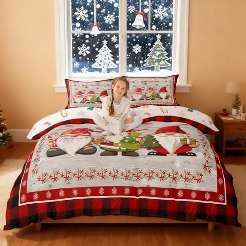Merry Christmas Kids Duvet Cover Set King Size,Cute Gnomes Snowflake Romantic Bedding Set,Girls Boys Adults Room/Cabin Decor,Geometric Grids Retro Comforter Cover,Rustic Quilt Cover,2 Pillowcases - Image 2