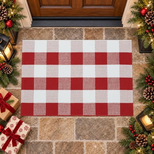 Christmas Red and White Plaid Rug 24 x 36 Inches, Cotton Hand-Woven Buffalo Check Door Mat, Washable Layered Entryway Rug for Front Porch, Kitchen and Holiday Decor - Image 5