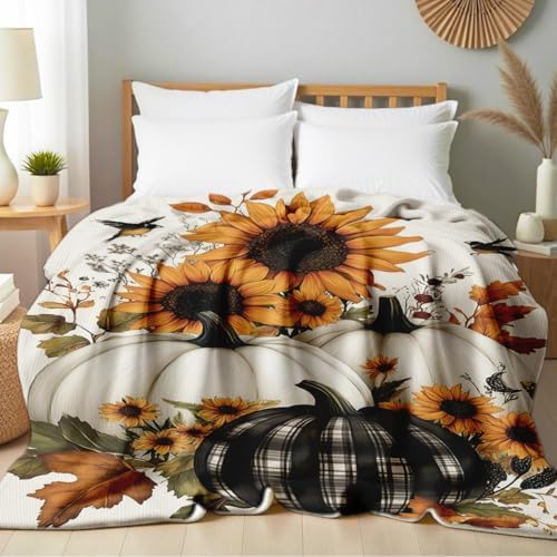 Fall Blankets and Throws White Pumpkin Print Blanket for Couch Bed Room Home Autumn Harvest Flannel Throw Thanksgiving Decor Gifts (49"x59") - Image 2