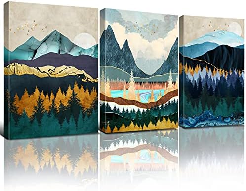 Boho Forest Wall Art Teal Green Abstract Mountain Pictures for Living Room Gold Bird Nature Wall Decor Minimalist Artwork Canvas Prints Geometric Nordic Painting Bedroom Home Decoration 16x24" 3Pcs by sunfrower