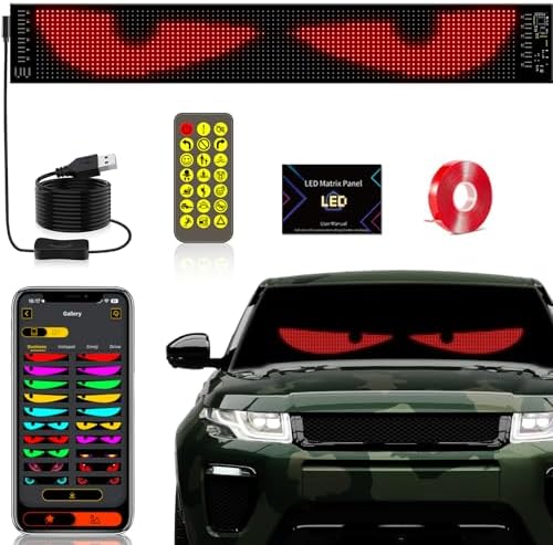Devil's Eye:23.42"x4.72" Programmable ojos led para carro Windshield Display for Sedans, SUVs & Medium Trucks - USB-Powered LED Matrix Panel, Remote/App Control, Custom Car