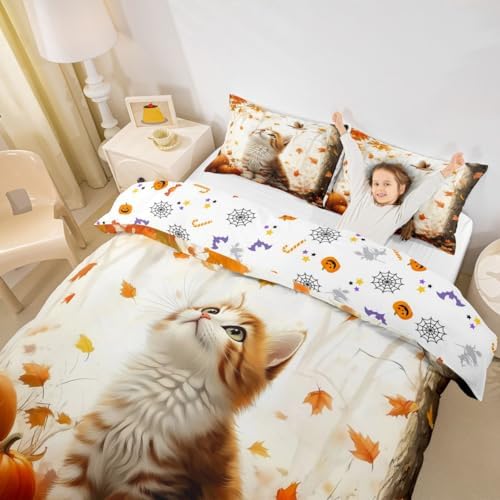 Erosebridal Kids Cat King Size Comforter Cover, Fall Harvest Bedding Set for Girls Boys Teens Room Decor, Autumn Fall Maple Leaf Duvet Cover Bird Rustic Farmhouse Bed Cover with 2 Pillow Cases - Image 2