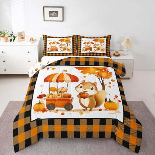 Erosebridal Squirrel Kids Comforter Set | Fall Bedding Queen Size Thanksgiving Autumn Leaves Down Comforter Farmhouse Nature Scenery Duvet Set for Bedroom by Erosebridal