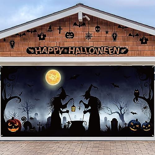 Preboun Halloween Garage Door Banner Decorations Witch Silhouette 6 x 13 ft - Image 3