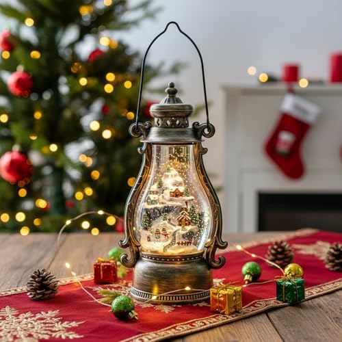 14.2" Christmas Village Buildings Tall Snow Globe Lantern Water Glittering Snowman Family with Music & Timer, USB Lined/Battery Operated Lighted Lantern for Christmas Festival Decoration Gifts - Image 3