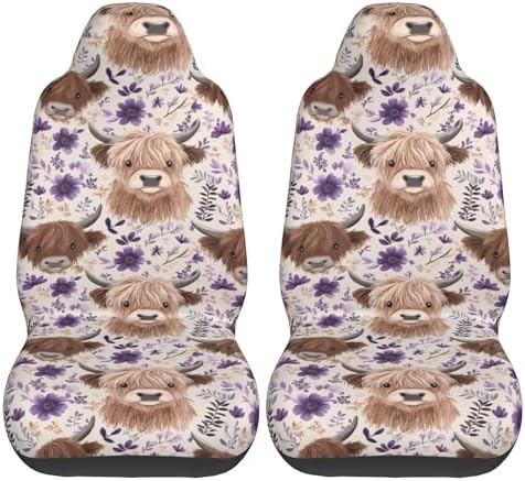 Highland Cow 2 Front Car Seat Covers for Car Truck Sedan SUV, Car Gifts, Durable Automotive Seat Covers, Breathable Bucket Seat Covers, Protective Interior Accessory