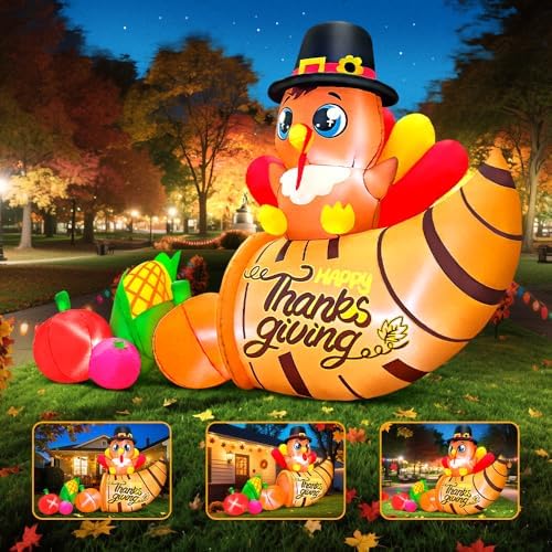 6FT Thanksgiving Inflatables Outdoor Decoration Inflatable Turkey with Cornucopla, Built in LED Lights Blow Up Yard Decorations for Fall Holiday Party Garden Lawn Décor - Image 3