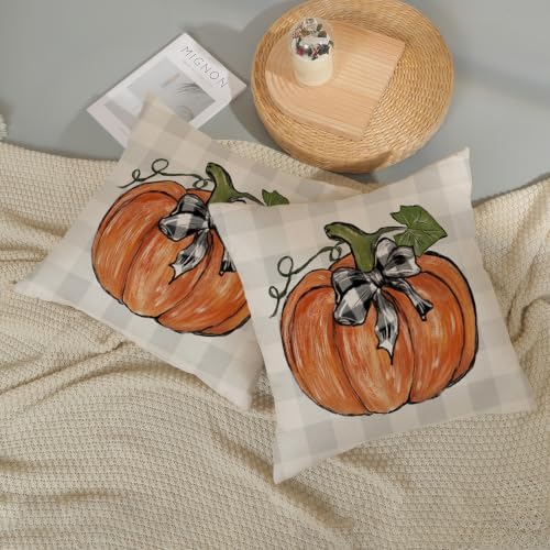 Fall Orange Pumpkin Pillow Covers 18x18 Set of 2 Grey Buffalo Plaid - Image 6