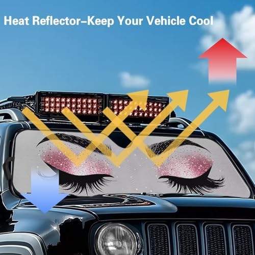 Renewold Eyelash Car Windshield Sunshade Car Front Window Sun Shade for Jeep Wrangler JK JKU JL JLU 1997-2023 2 & 4 Door Jeep Gladiator Auto Sun Blocker Visor Shield Decor Cover Keep Vehicle Cool