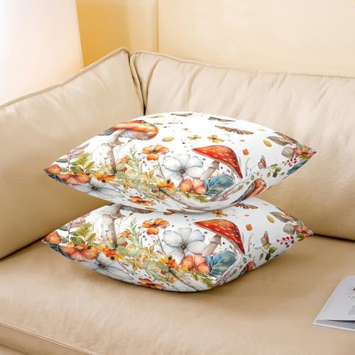 Red Mushroom Double Sides Print Pillow Covers,Jungle Botanical Plants Flowers Butterfly Pillowcase 2 Pack Cushion Case 24"x 24",Rustic Fall Maple Leaves Throw Pillow Covers - Image 3