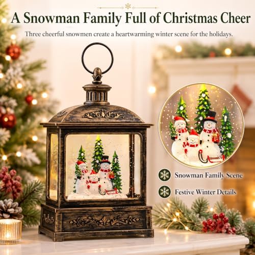 Christmas Snow Globe Swirling Glittering Snowman Family with Music & Timer, USB Lined/Battery Operated Lighted Water Lantern for Christmas Festival Decoration Gifts - Image 2