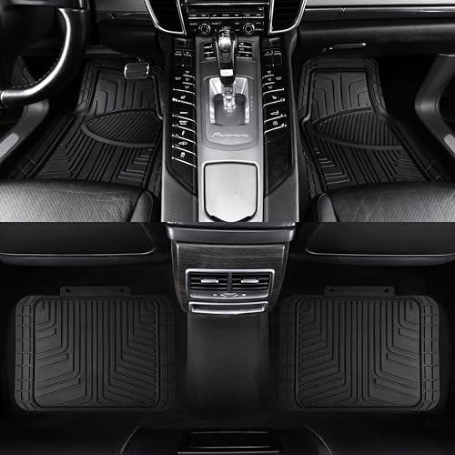 Amazon Basics 4-Piece Premium All-Season Anti-Slip Rubber Floor Mats, All Weather Protection for Cars, SUVs and Trucks, Universal Trim to Fit, Black