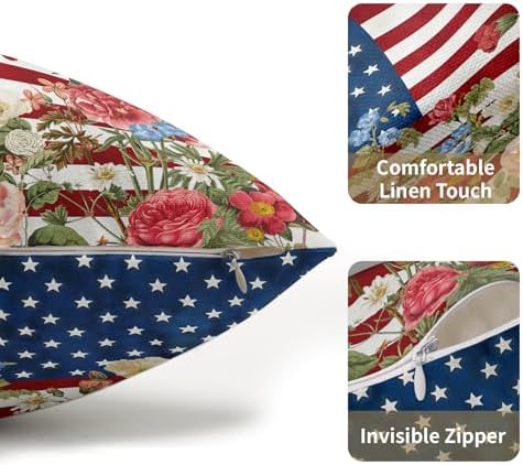 4th of July Pillow Covers 12x20 Set of 2, Patriotic Throw Pillow Covers Independence Memorial Day Pillowcase, Summer Floral Decorative Fourth of July Cushion Case Couch for Indoor Outdoor Home Decor - Image 5