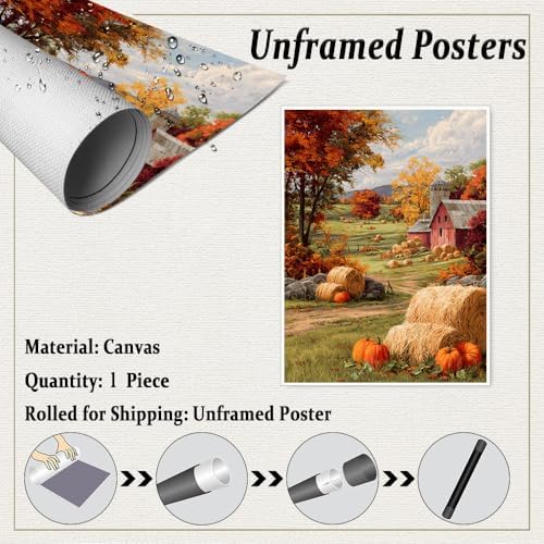Autumn Farmhouse Wall Art – Rustic Red Barn Landscape with Pumpkins, Fall Harvest Canvas Print for Country Living Room or Seasonal Decor Display 16x20in Unframed - Image 2