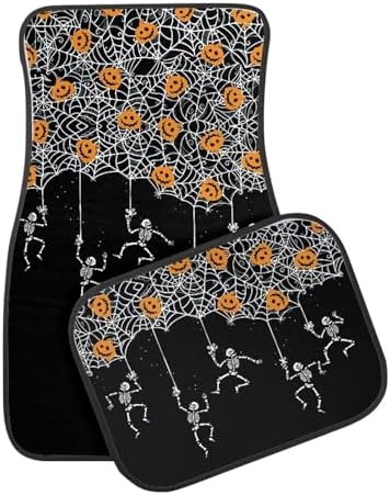 White Spider Web Skeleton Black Print Funny Halloween Car Floor Mats 4 PCS, Cute Durable Interior Accessories for Car SUV, All Weather Floor Mats with Front Rear Trunk Liners Set for Party