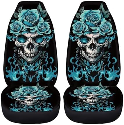 Halloween Skull Rose Car Front Seat Covers Breathable Car Seat Cover Stretch Polyester Fabric Cover Non Slip Fashion Auto Interior Universal for Cars Truck SUV Van