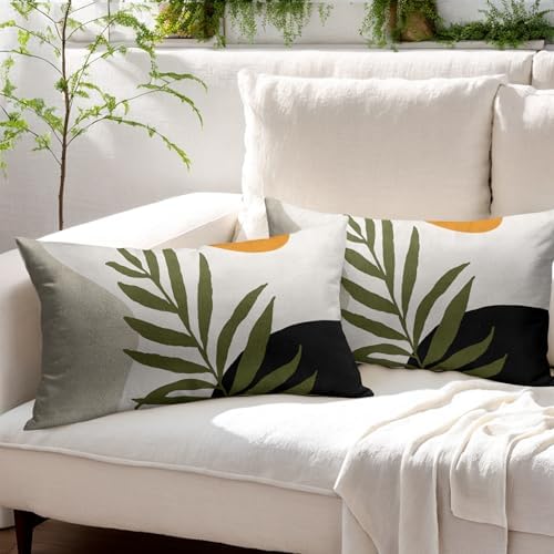 Spring Boho Pillow Covers 12x20 Set of 2 Abstract Mid Century Throw Pillow Covers Green Pillowcase Linen Decoration Farmhouse Soft Decorative Aesthetic Cushion Case Couch for Indoor Outdoor Home Decor - Image 3