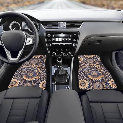 Mandala 4 Pcs Automotive Mats Retro Ethnic Tribe Mandala All Weather Car Decor Accessories Lotus Flower Graphic Universal Fit Floor Mats for SUV, Truck Soft Heel Pad