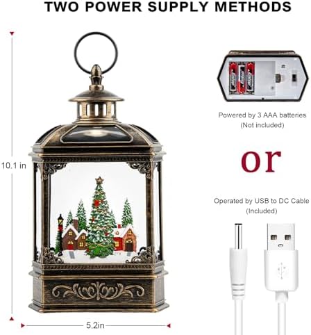 Christmas Snow Globe Lantern Water Glittering Xmas Village with Music & Timer, USB Lined/Battery Operated Lighted Lantern for Christmas Festival Decoration Gifts - Image 5