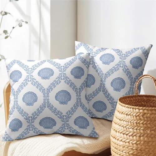 Light Blue Coastal Pillow Covers 20x20 Set of 2 Ocean Coral Shell Pattern Outdoor Decorative Linen Summer Throw Pillows Cases with Zipper Cushion Cover Rustic Decoration Farmhouse Sofa Couch Bed Decor - Image 2