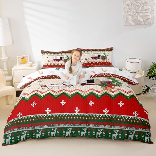 Merry Christmas Kids Duvet Cover Set King Size,Happy Camping Camper Rustic Bedding Set,Girls Boys Adults Room Decor,Christmas Deer Snowflake Comforter Cover,Colorful Xmas Quilt Cover,2 Pillowcases by Manfei