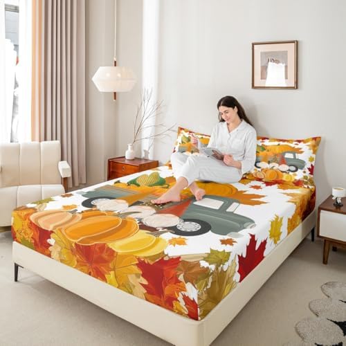 Fall Pumpkins Bed Sheet Set Cute Autumn Gnomes Bed Sheets Deep Pocket Thanksgiving Harvest Season Bedding Set Queen For Kids Teen Adults,Maple Leaves Soft Fitted Sheet + Flat Sheet + 2 Pillow Cases - Image 7