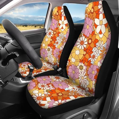 Hippie Flowers Print Car Seat Covers Set Front Rear Seat Covers 4 Piece Vehicle Split Bench Protector Cover Aesthetic Auto Accessories for SUV Van Interior Decor