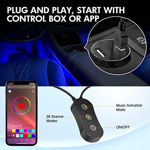Nilight 4PCS USB Car Interior Neon Accent Lights RGB App and Button Control