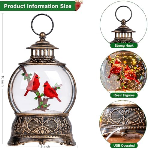 Christmas Snow Globes Water Lantern with Cardinal, Music & 6H Timer, USB Lined/Battery Operated Lighted Lanterns for Xmas Festival Decoration Gifts - Image 5