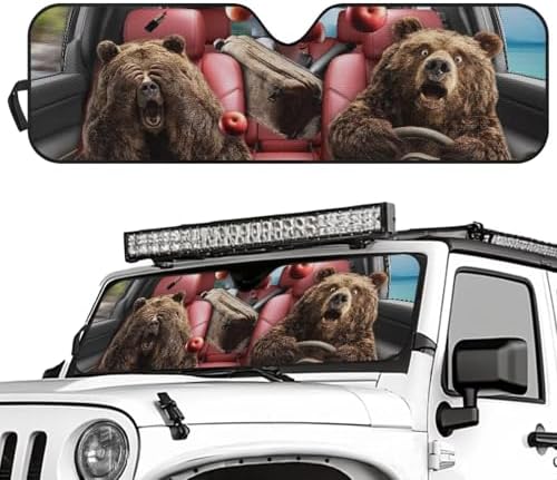 Renewold Car Windshield Sunshade Vehicles Front Window Sun Blocker Visor Suitable for Jeep Wrangler JK JKU JL JLU 1997-2023 Jeep Gladiator JT Sun Shade Foldable Cover Shield Funny Brown Bear Driving