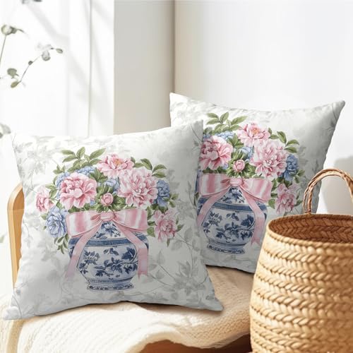 Chinoiserie Pillow Covers 20x20 Inch Set of 2, Floral Throw Pillow Covers Blue Pink White Pillowcase, Grandmillennial Decorative Seasonal Spring Summer Cushion Case Couch for Indoor Outdoor Home Decor - Image 7