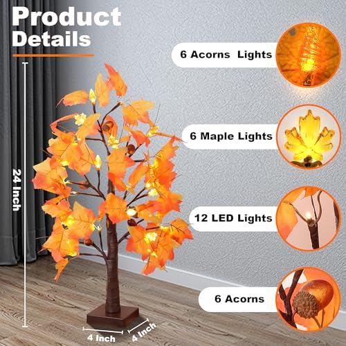 2 Packs 24 Inch Lighted Maple Tree Fall Thanksgiving Decorations with 48 LEDs Timer Battery Operated 3D Acorn Maple Lampshade Artificial Autumn Tree Lights for Thanksgiving Table Decor Home Indoor - Image 2