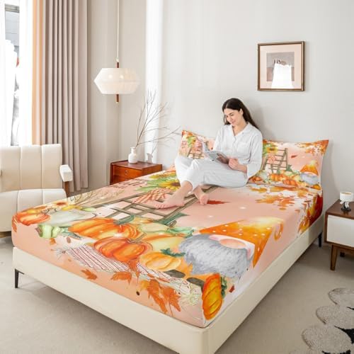 Happy Fall Gnomes Bedding,Thanksgiving Pumpkin Bed Sheets Twin Fall Home Room Decor,Autumn Natural Harvest Season Fitted Sheet + Flat Sheet + 1 Pillow Case,Rustic Maple Leaf Sunflower Sheet Set - Image 7