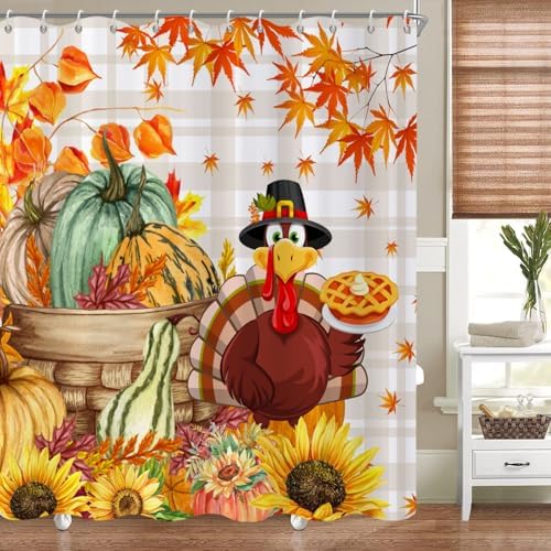 Thanksgiving Turkey Shower Curtain, Fall Autumn Harvest Pumpkins Sunflower Plaid Thanksgiving Day Bathroom Curtain Waterproof Fabric Machine Washable with Hooks, 65" Wx72 L by Caheansi