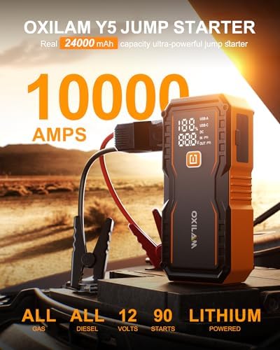 OXILAM 24000mAh Jump Starter for All Gas & Diesel Engines, 10000A Battery Jumper Starter Portable, 12V Jump Box with Quick Charger, Extended Jumper Cable, LED Display, USB, DC, Type C Port & LED Light - Image 2