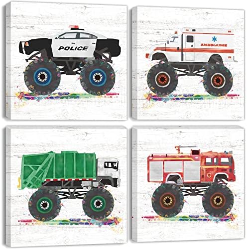 Monster Truck Room Decor Vehicles Pictures Wall Art Cartoon Car Canvas Prints for Boys Room Kids Bedroom Nursery Garbage Firetruck Ambulance Police Car Painting Artwork Home Decorations 20x20” 4 Pcs by sunfrower