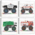 Monster Truck Room Decor Vehicles Pictures Wall Art Cartoon Car Canvas Prints for Boys Room Kids Bedroom Nursery Garbage Firetruck Ambulance Police Car Painting Artwork Home Decorations 20x20” 4 Pcs by sunfrower