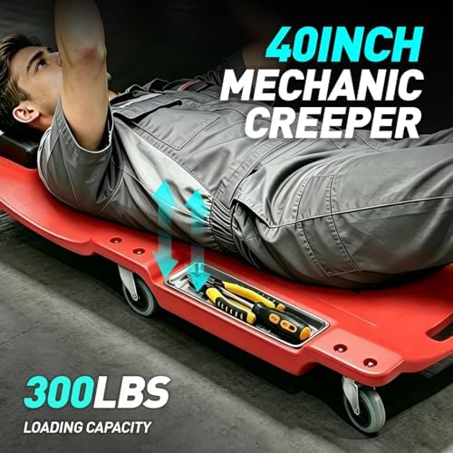 DNA Motoring 40 Inch Low Profile Plastic Rolling Garage Shop Floor Creeper with LED Light, Padded Headrest, Dual Tool Trays, Casters, Red, TOOLS-00389 - Image 3